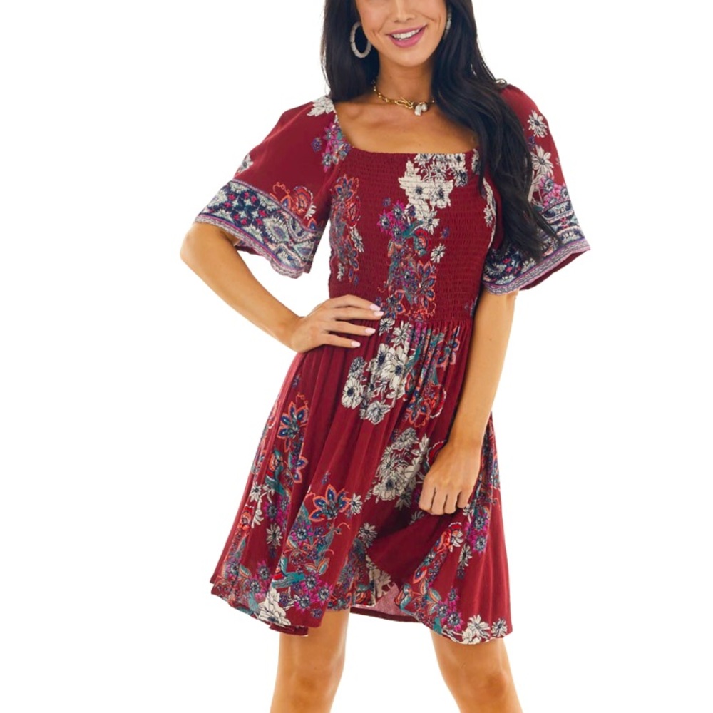 Maroon Floral Smocked Bell Sleeve Dress
